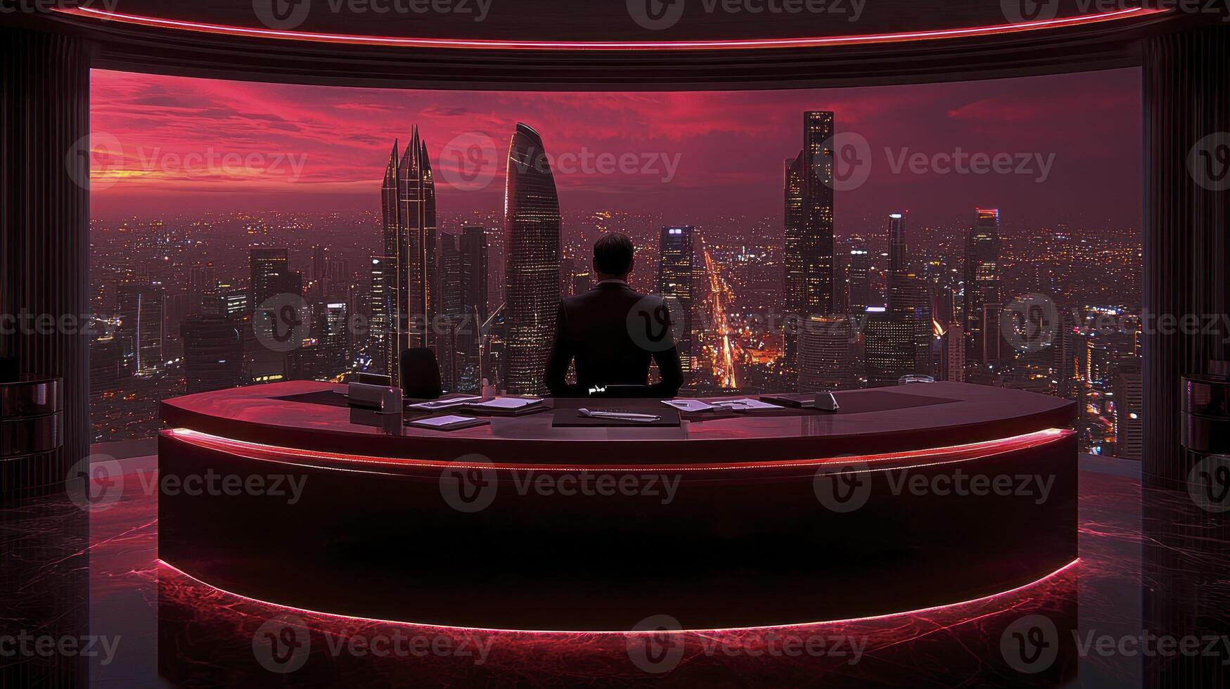 A man in a suit is sitting at a desk in front of a city photo