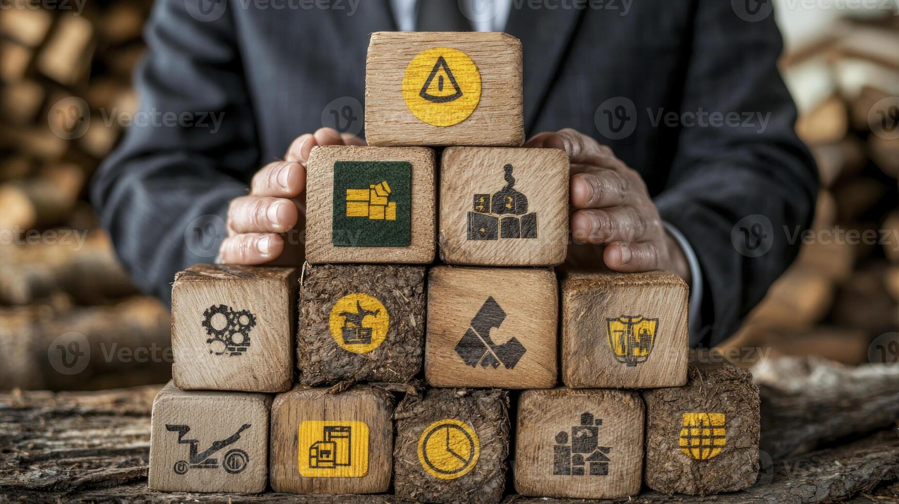 A man in a suit holding wooden blocks with icons photo