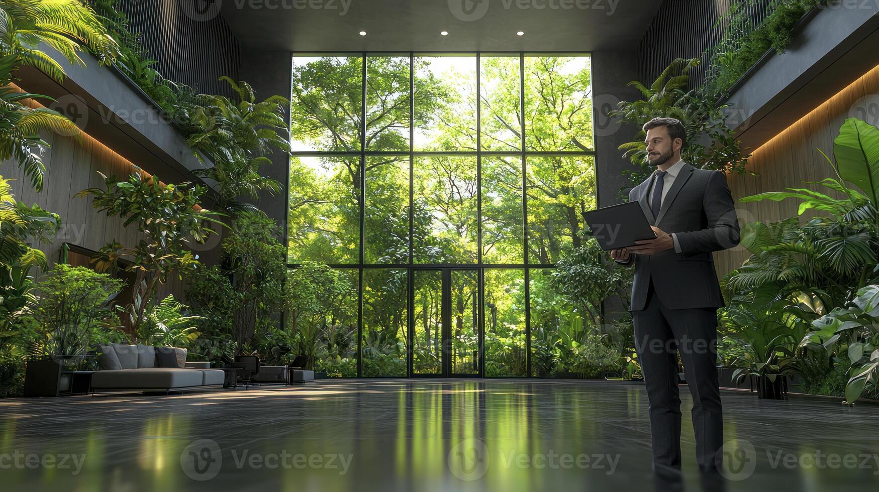 A man in a suit standing in front of a large room with plants photo