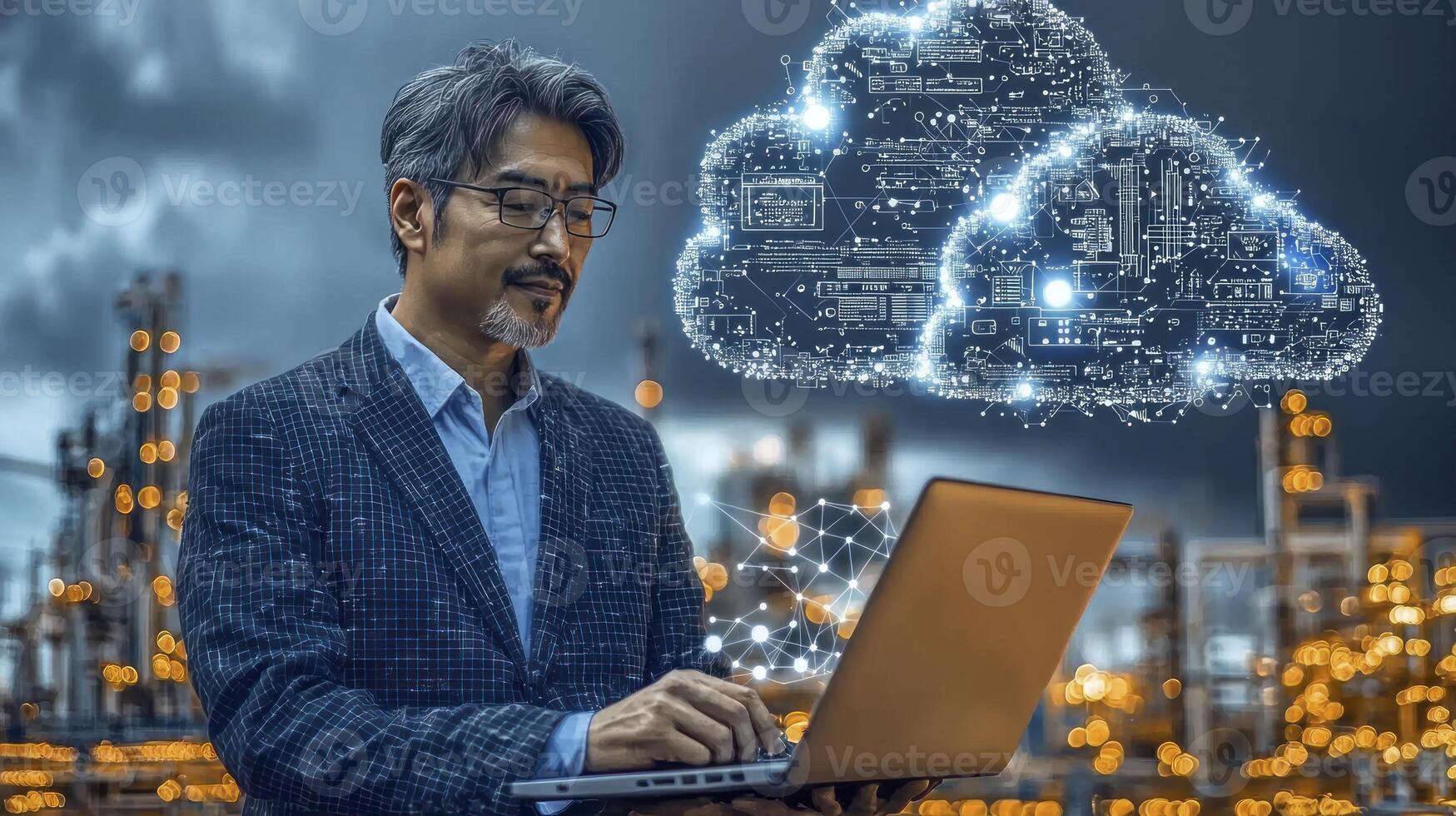 Man in business suit working on laptop with cloud computing concept photo