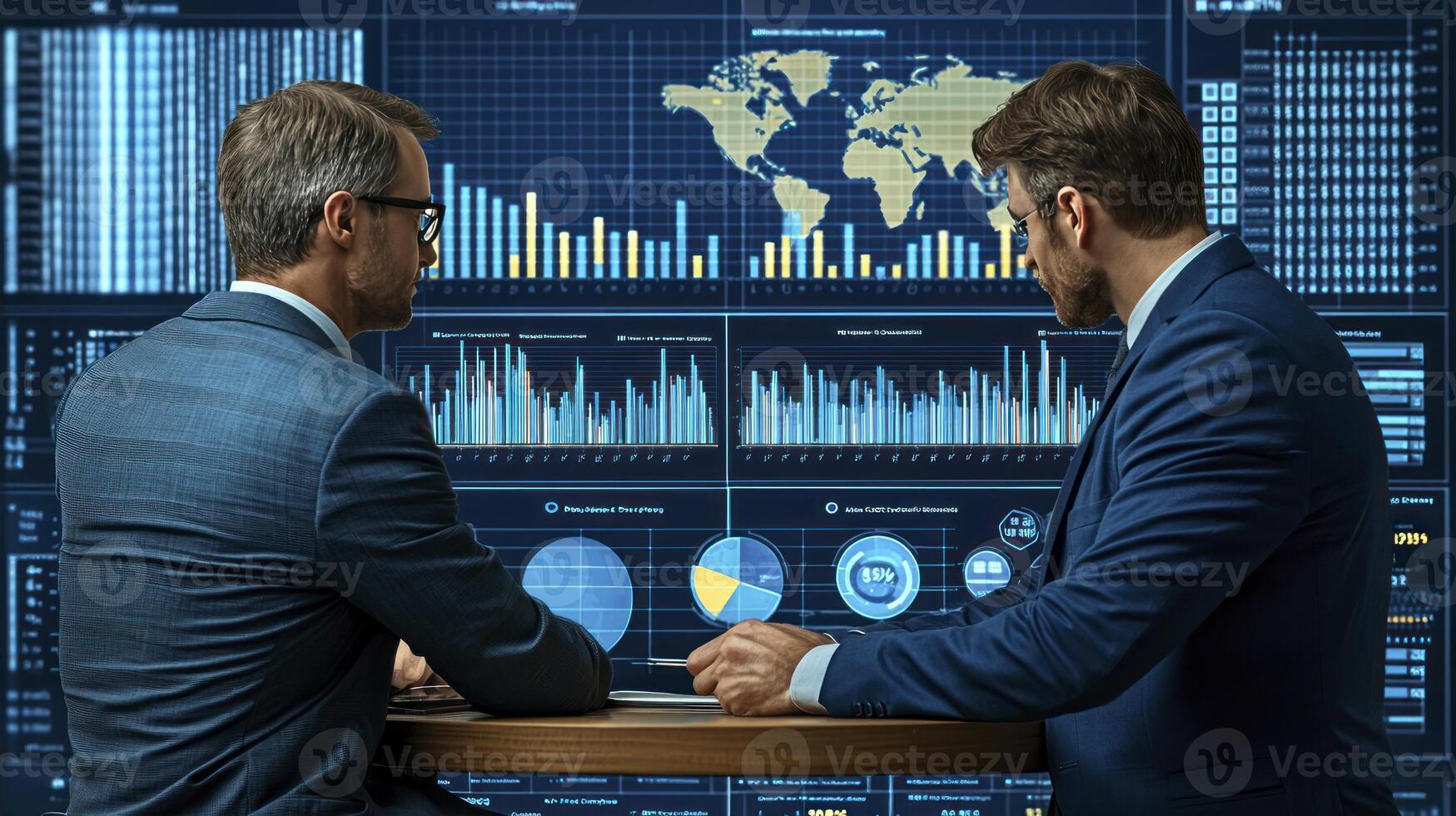 Two business men sitting at a table with graphs and charts photo