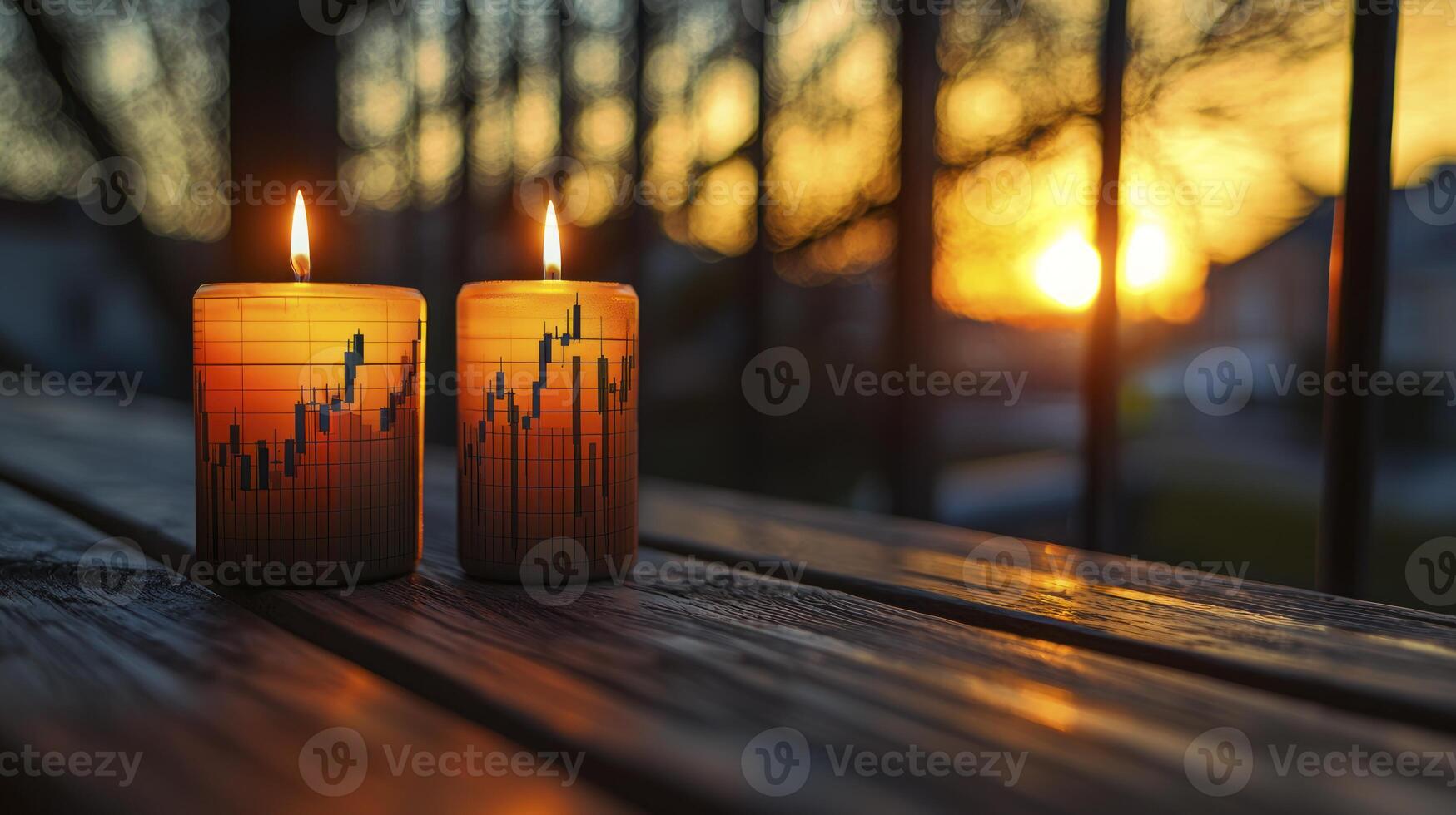 Two candles with a graph on them sitting on a wooden table photo