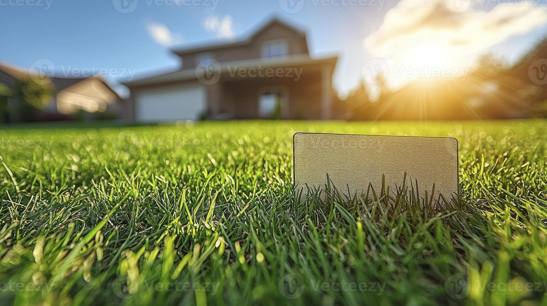 Real estate agent in front of a house with a sign in the grass photo
