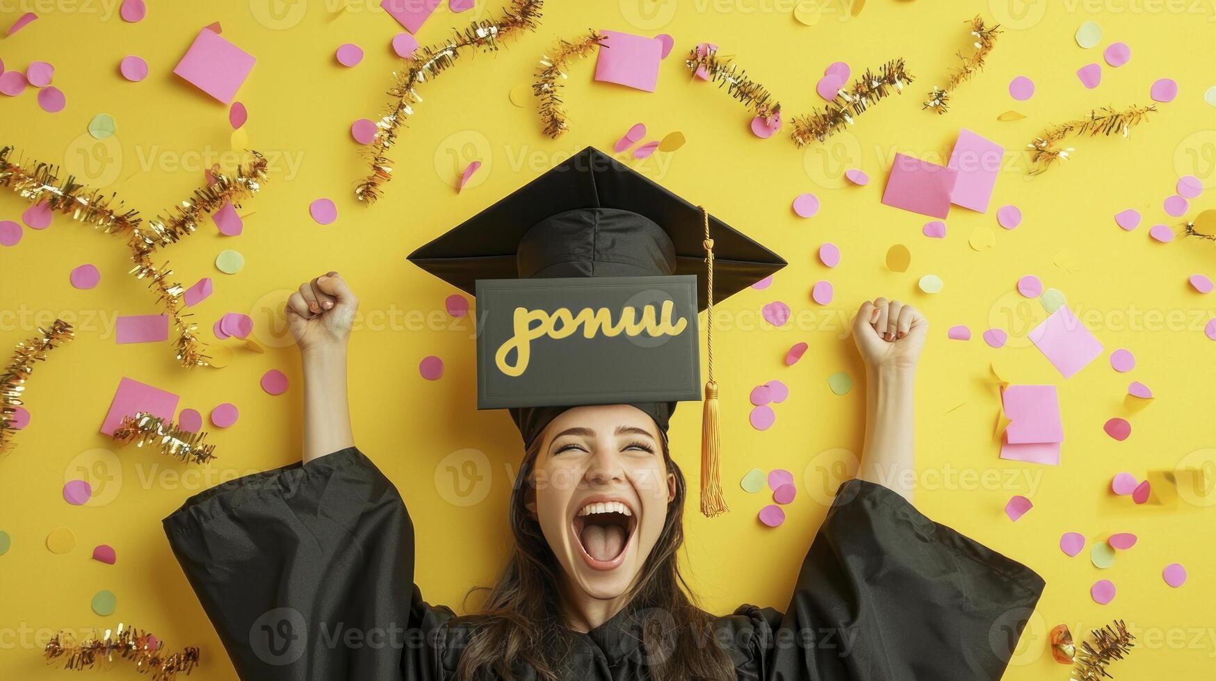 A woman in graduation gown celebrating her graduation photo