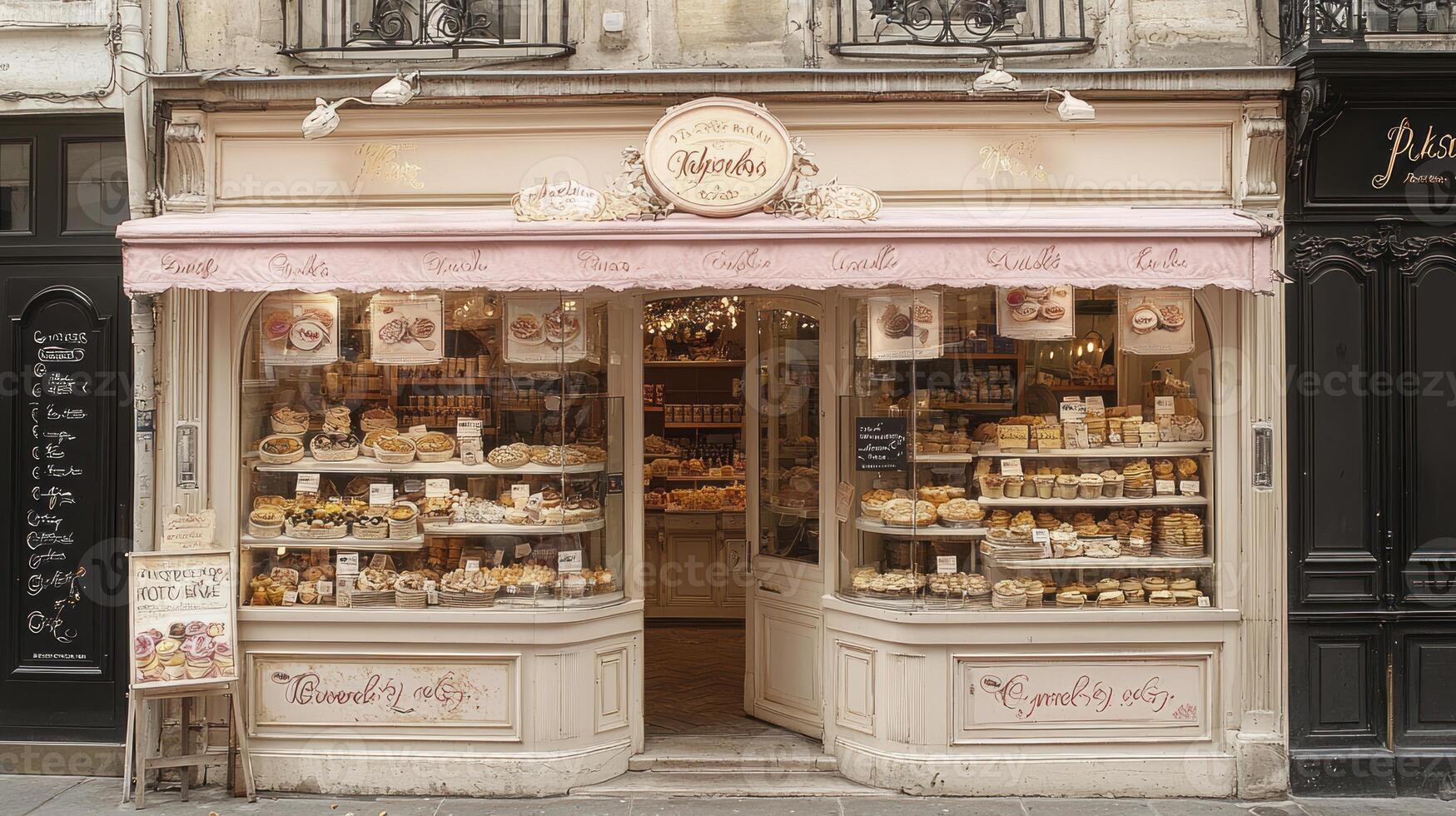 A bakery shop with a pink awning and a sign that says ptiss photo