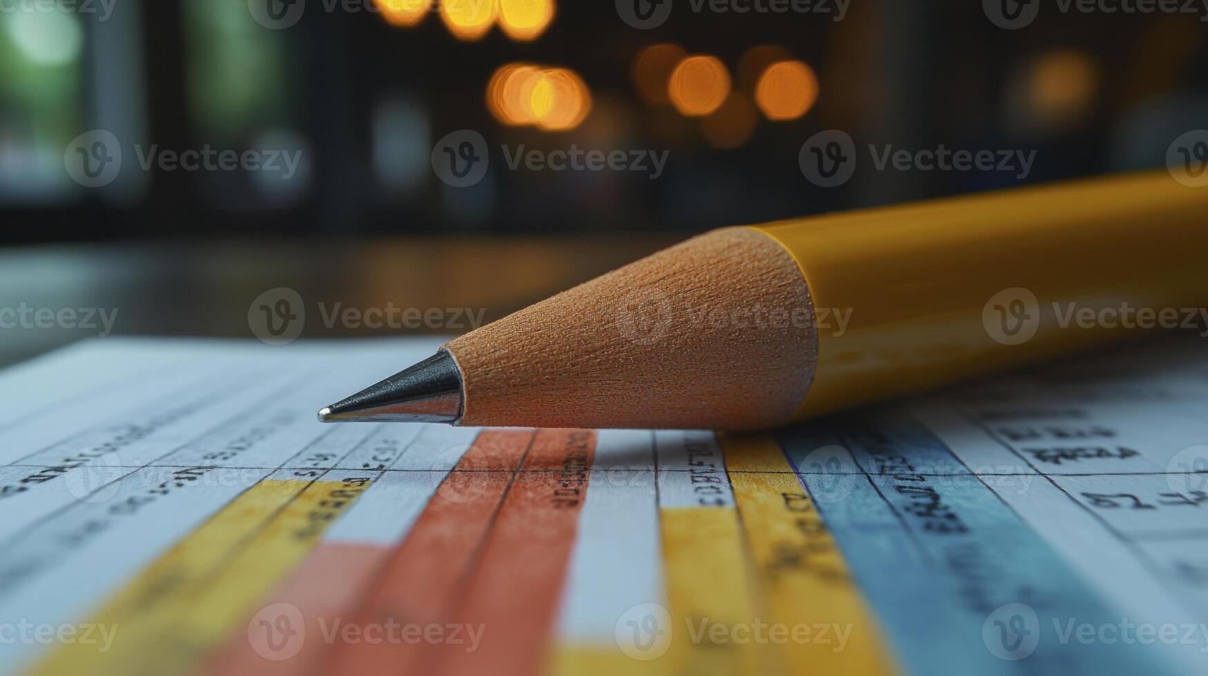 A pencil is sitting on top of a paper with a chart photo