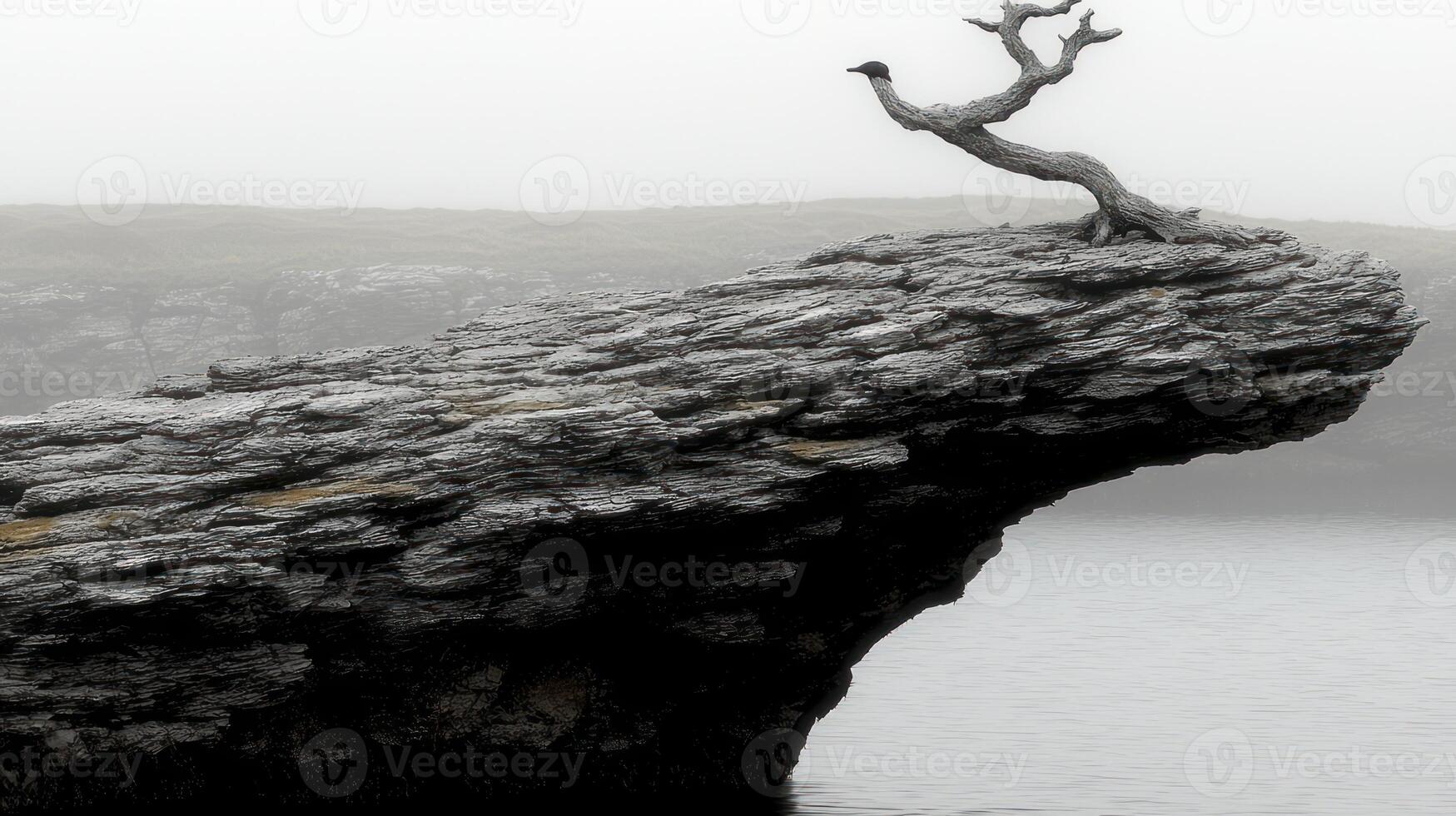 A lone tree on a rock in the middle of the ocean photo