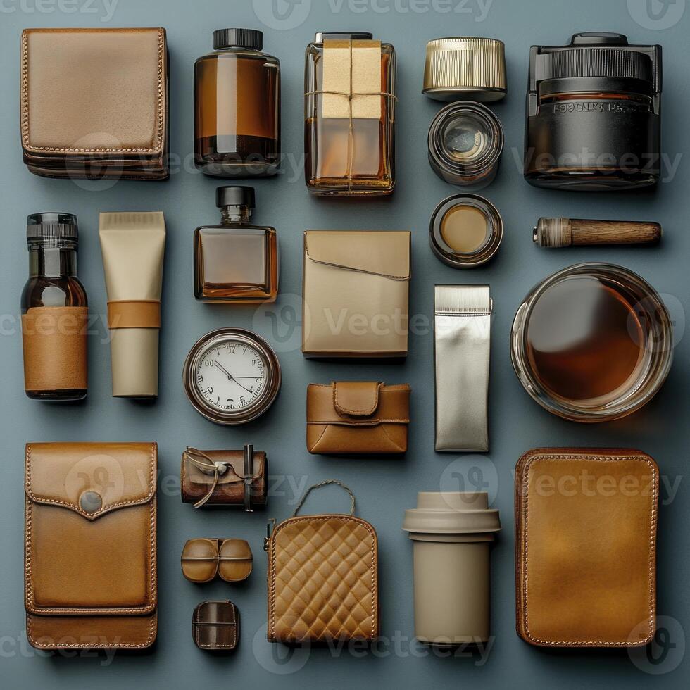 Various leather items arranged on a blue background photo