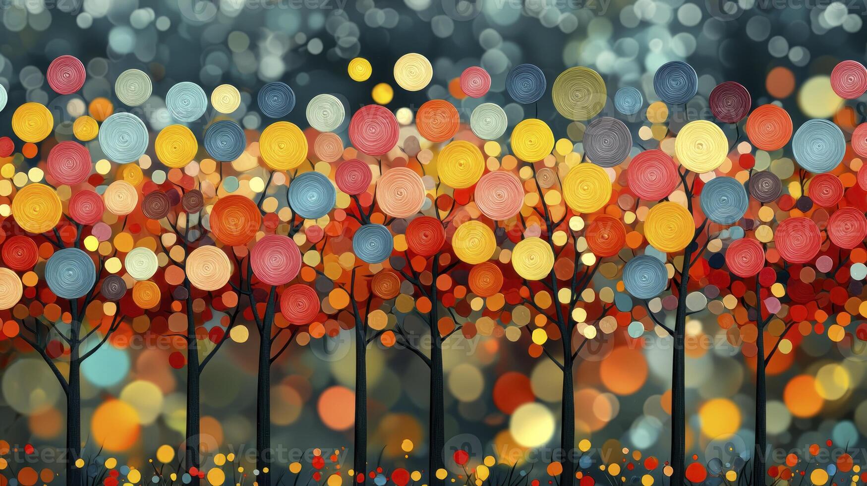 A painting of trees with colorful lights photo