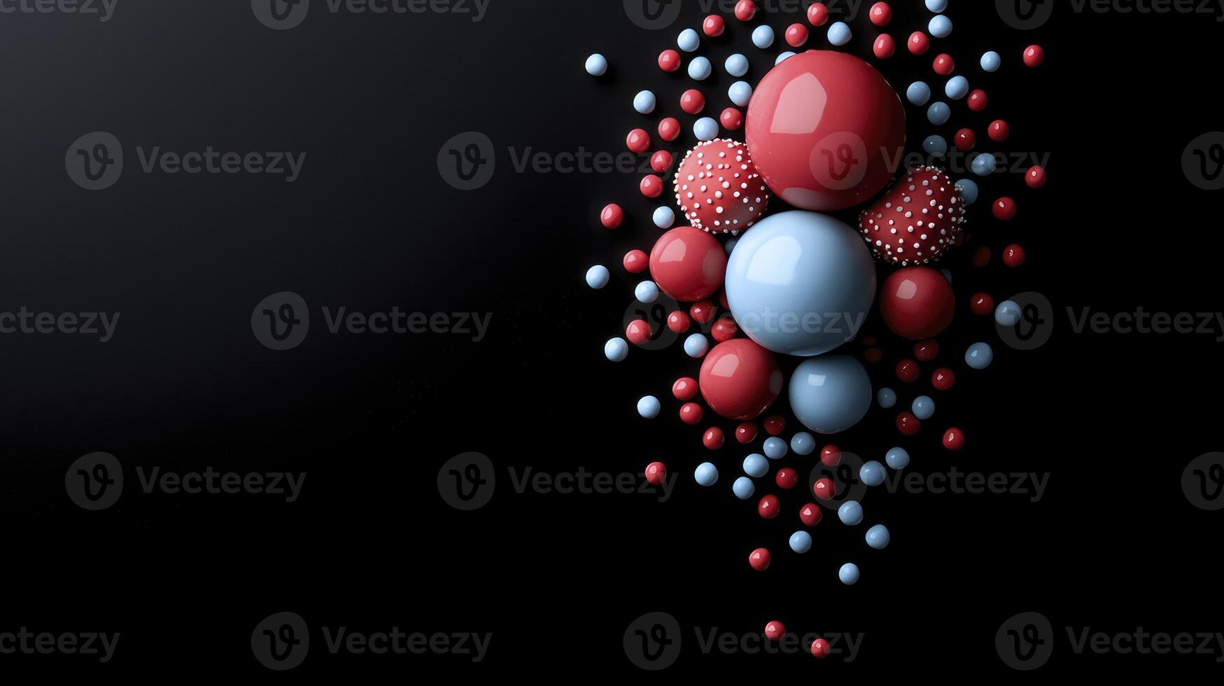 A red and blue sphere is surrounded by many spheres photo