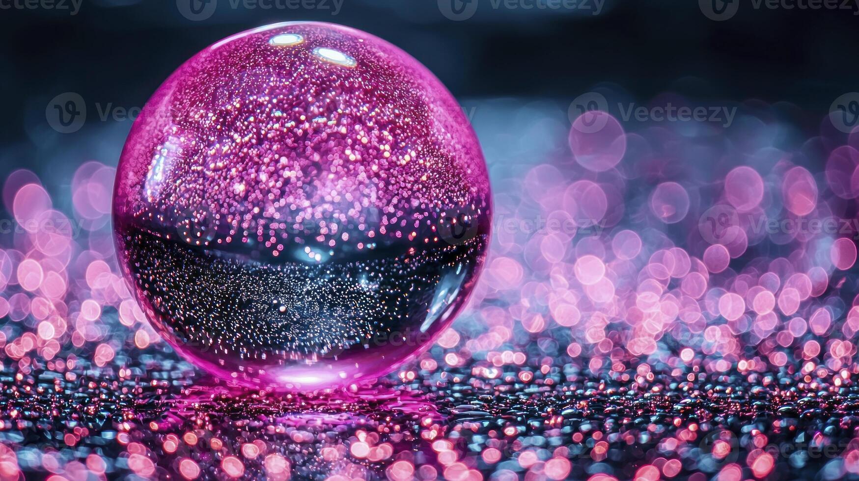 A pink glass ball sitting on a table with a sparkly background photo