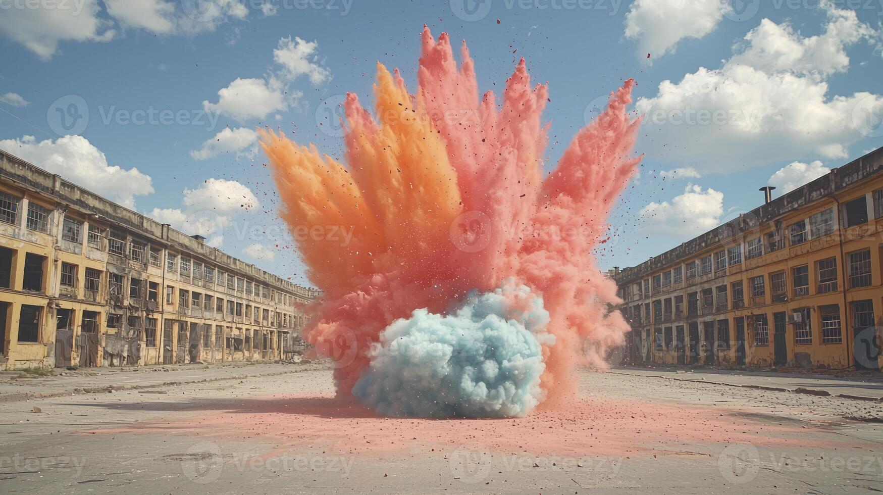 A colorful explosion is blowing up in the middle of an empty street photo