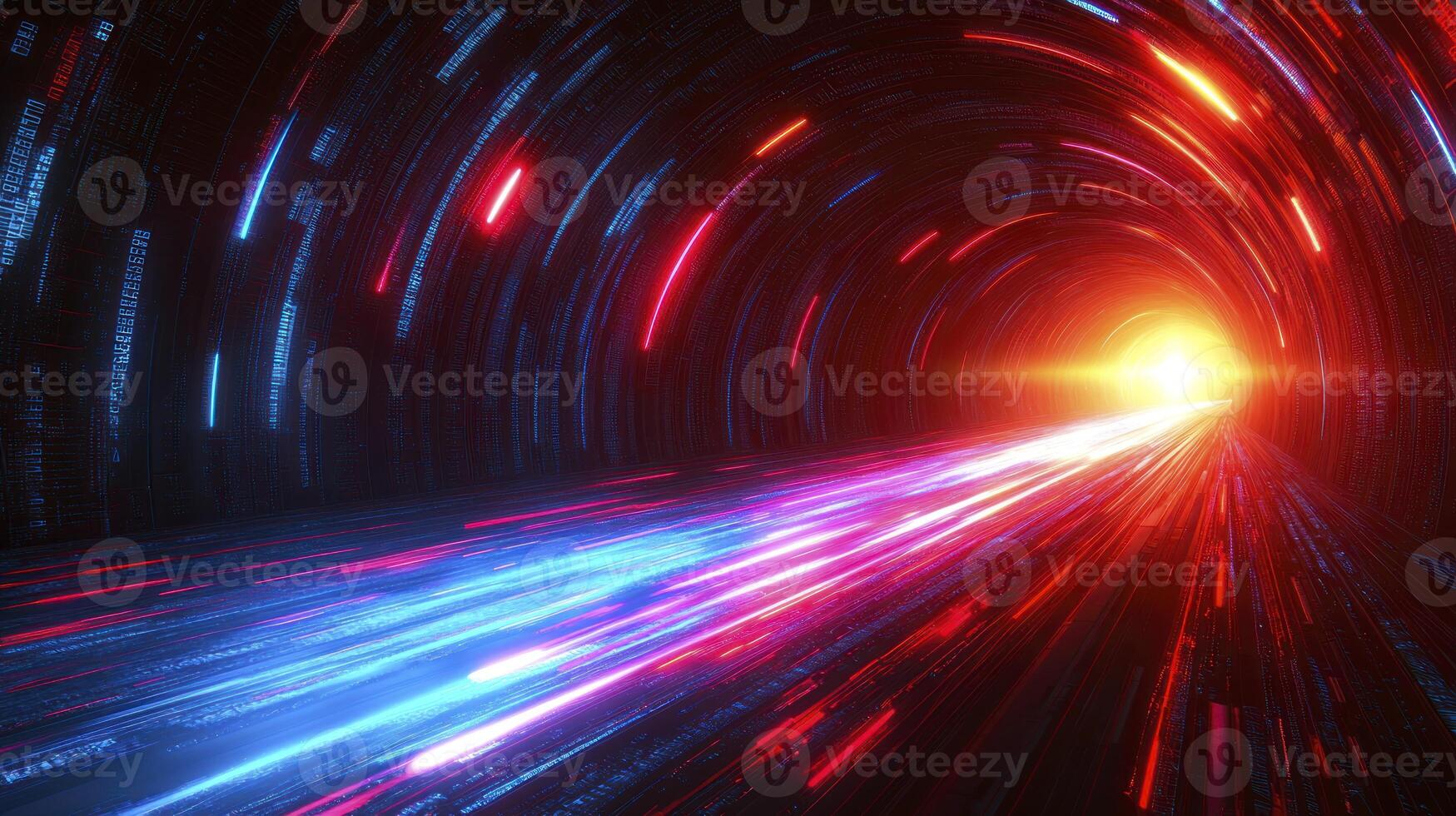 A tunnel with light trails and a bright light photo