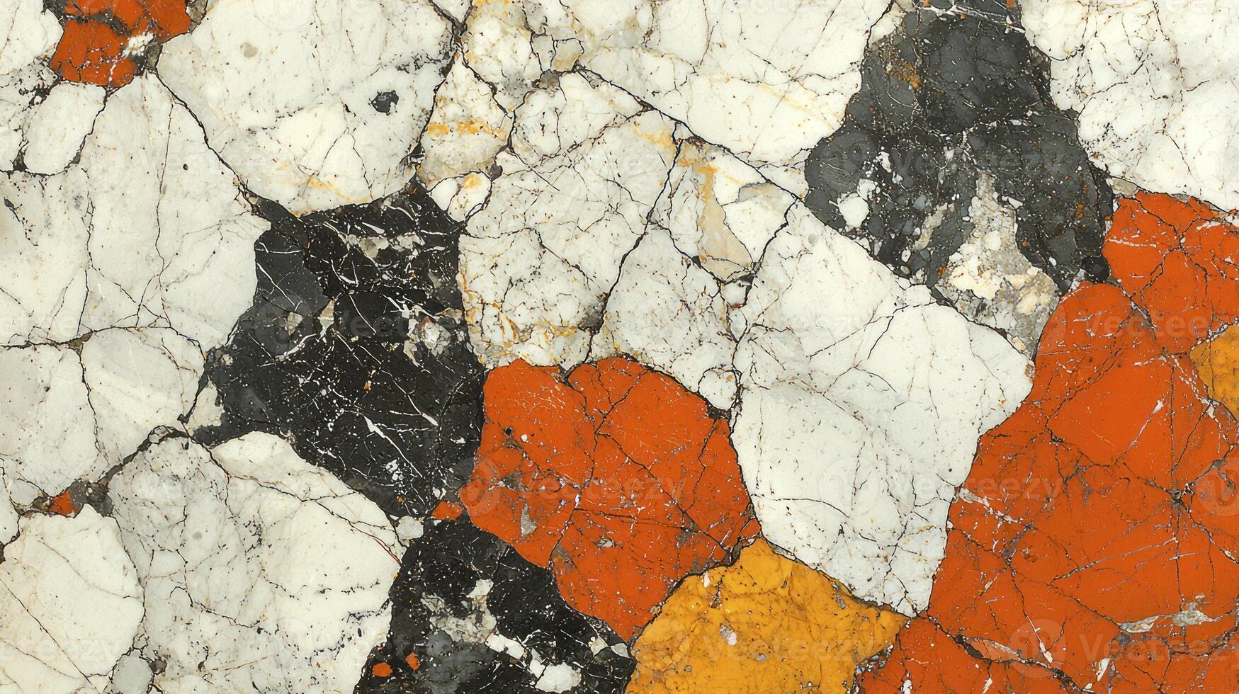 A close up of a marble wall with orange, black and white photo
