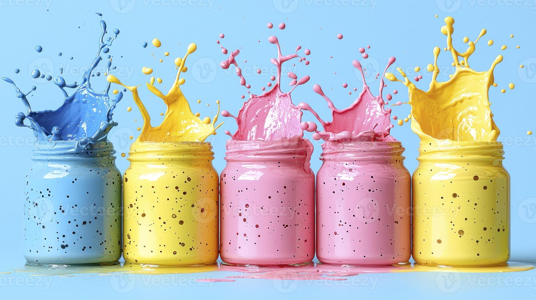 Five colorful jars with splashes of milk photo