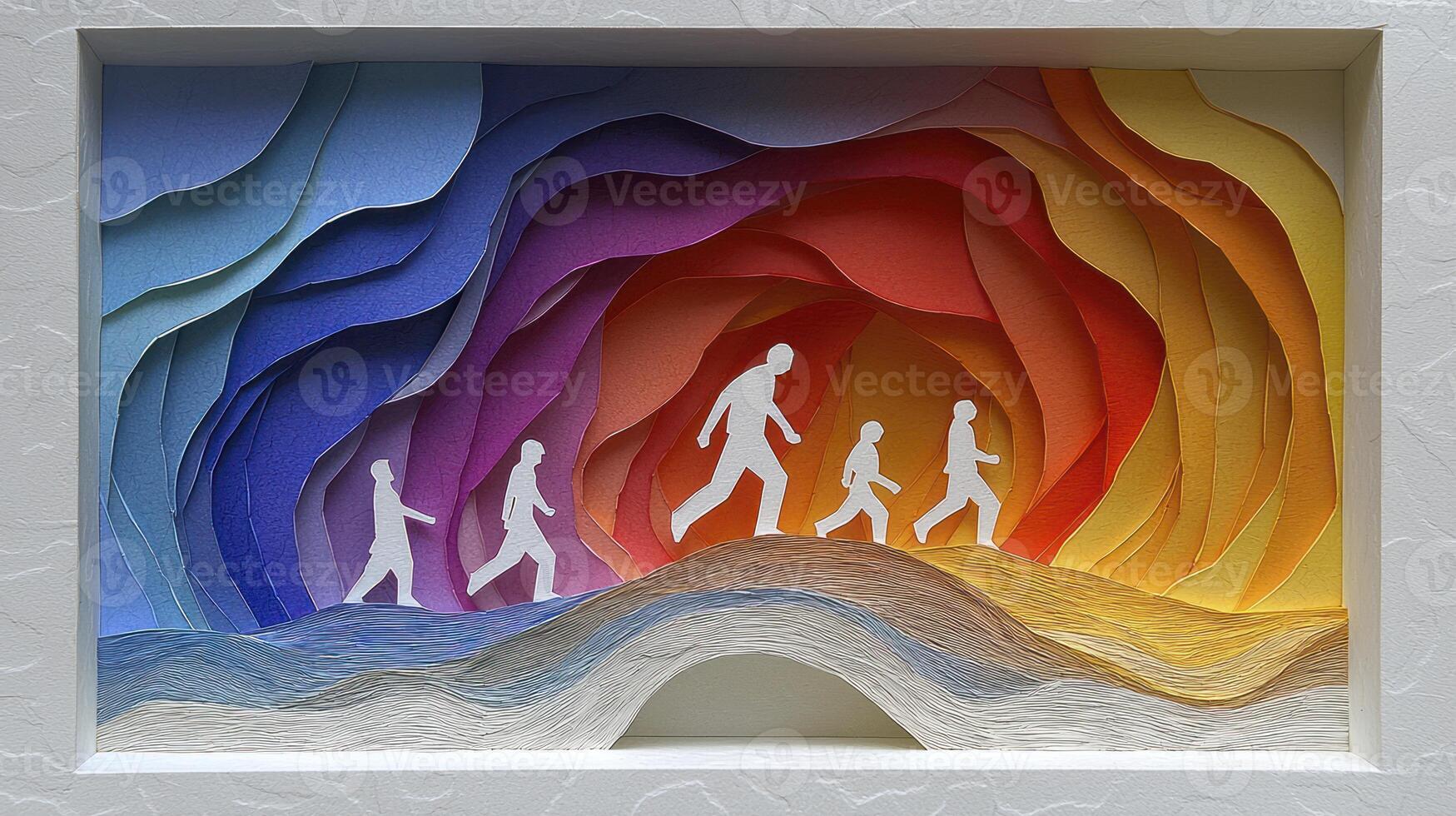 A paper cut of people walking in a rainbow tunnel photo