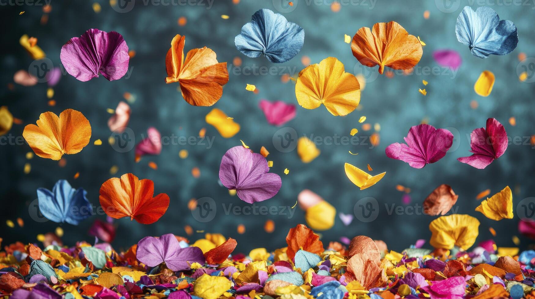 Colorful paper flowers falling from the sky photo