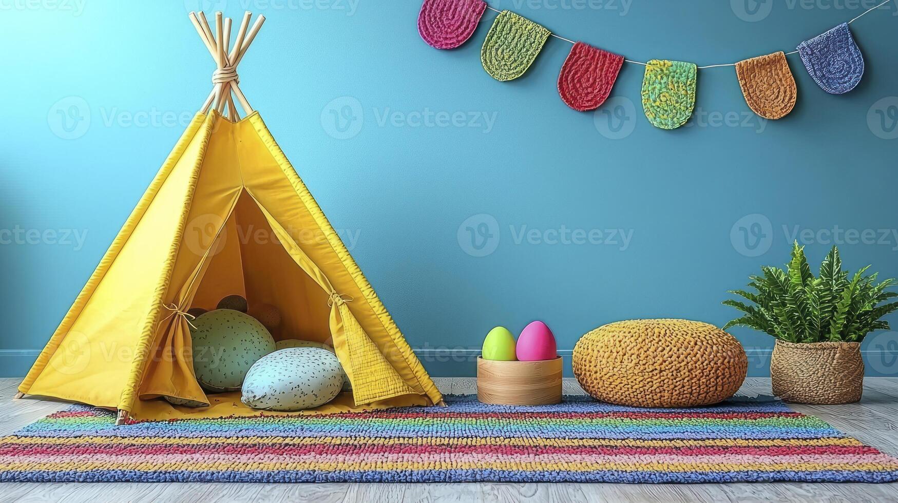 A yellow teepee and a colorful rug in front of a blue wall photo