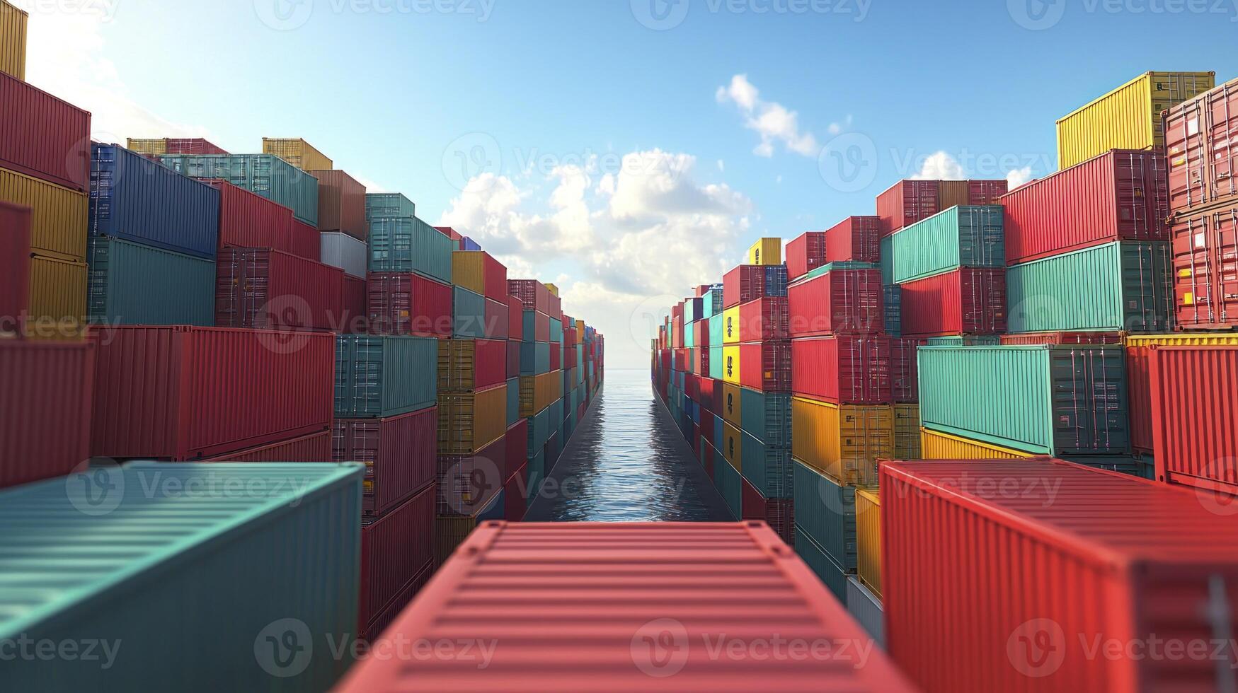 A view of a container ship with many containers stacked on top photo