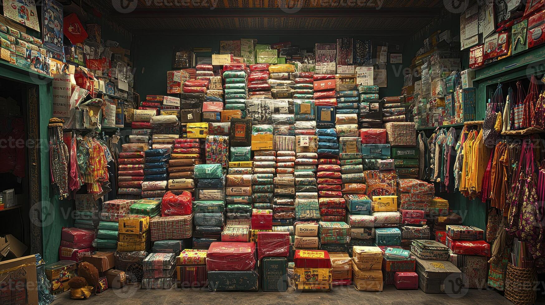 A large pile of boxes stacked up in a room photo