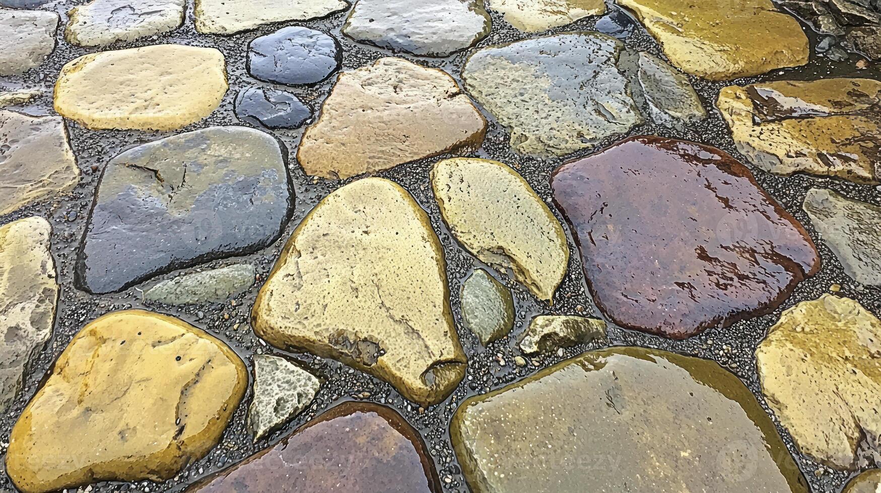A stone walkway with many different colored stones photo