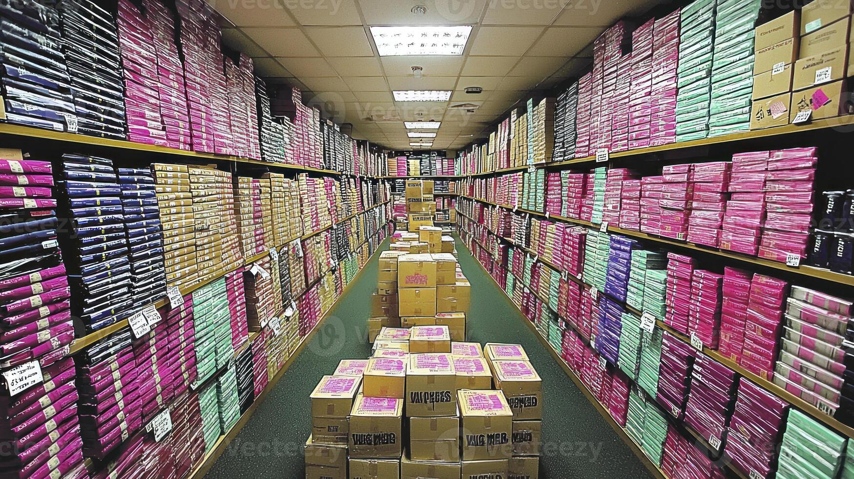 A long aisle filled with boxes of pink and green boxes photo