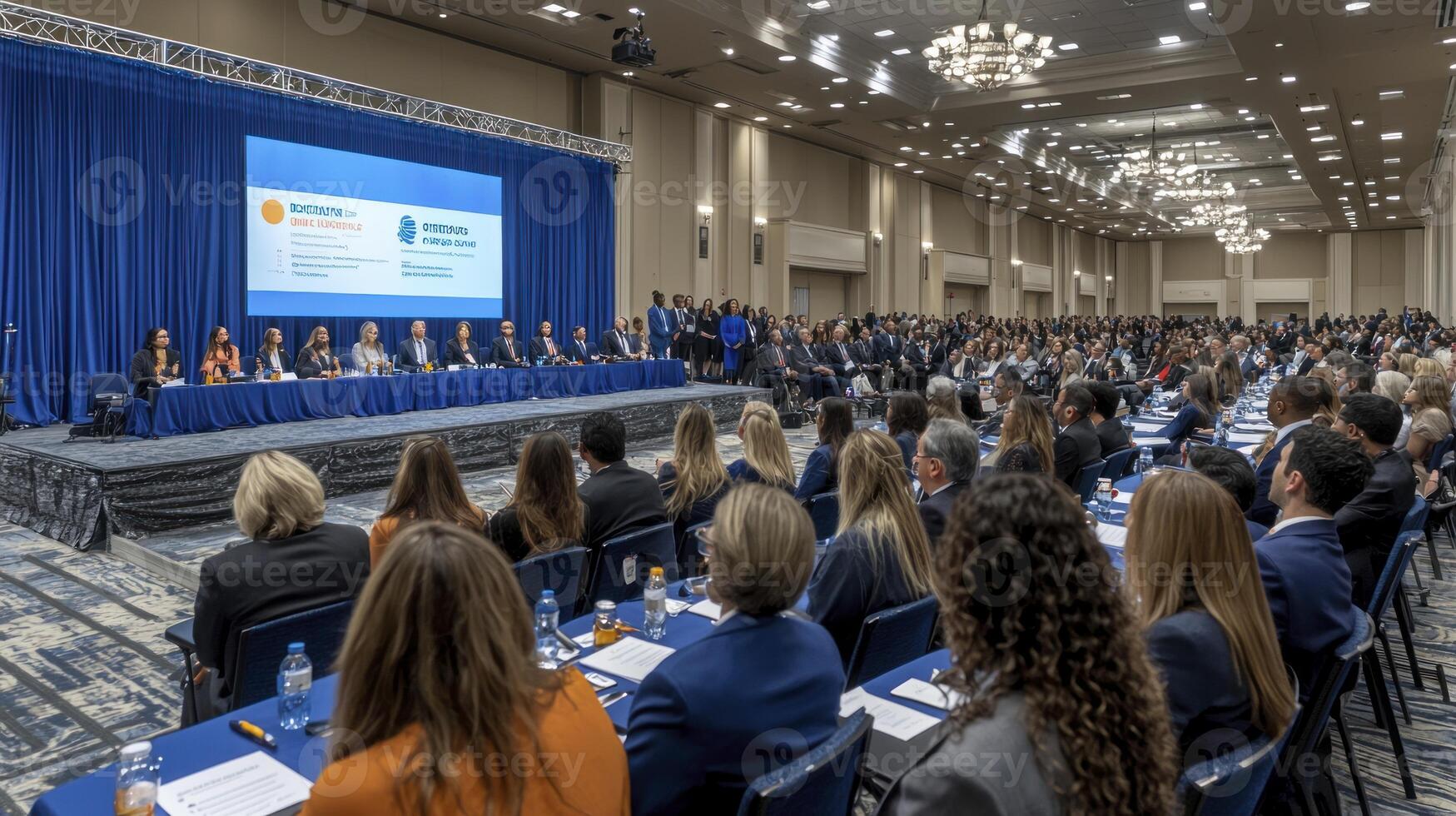A large group of people sitting at tables in a conference room photo