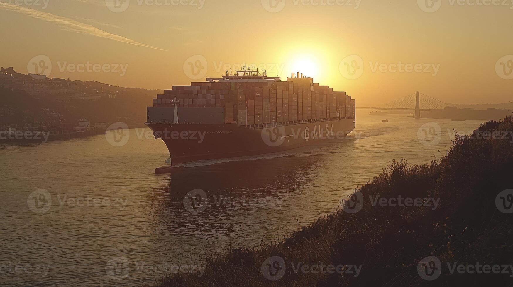 A large container ship is sailing down the river photo