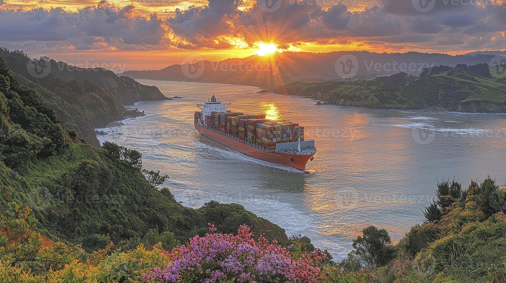 A container ship sailing through the ocean at sunset photo