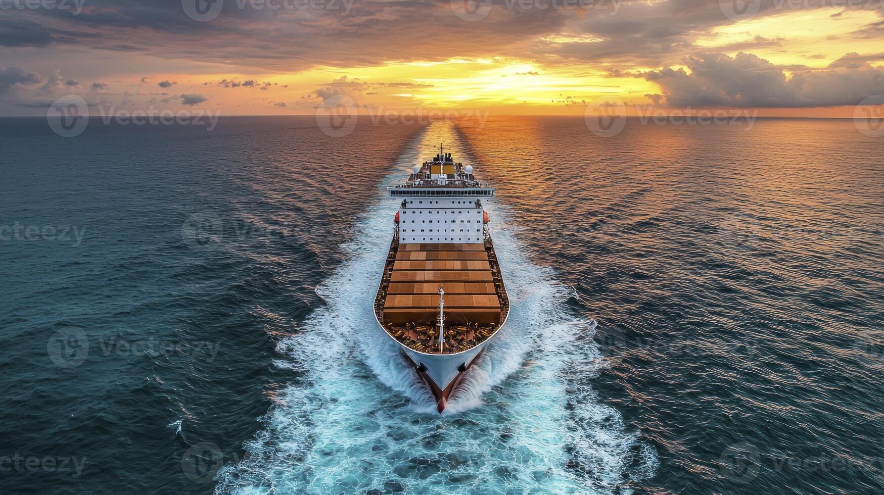A cargo ship traveling through the ocean at sunset photo