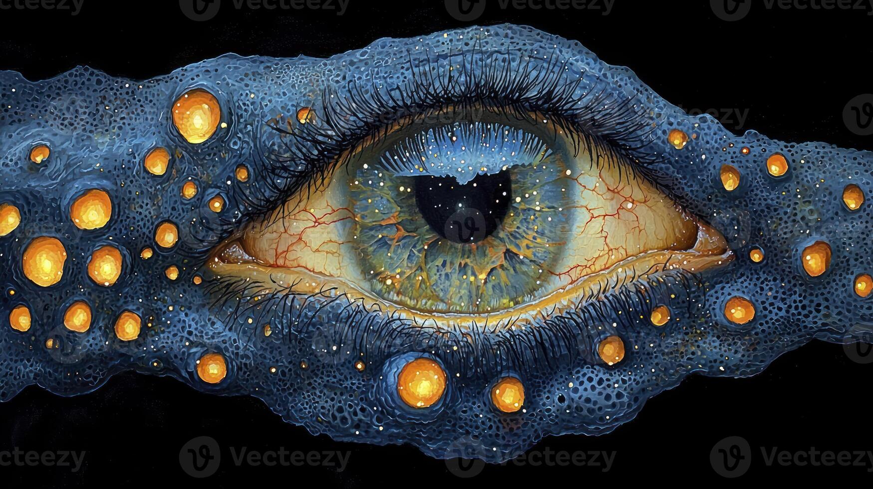 An eye with glowing blue dots on it photo