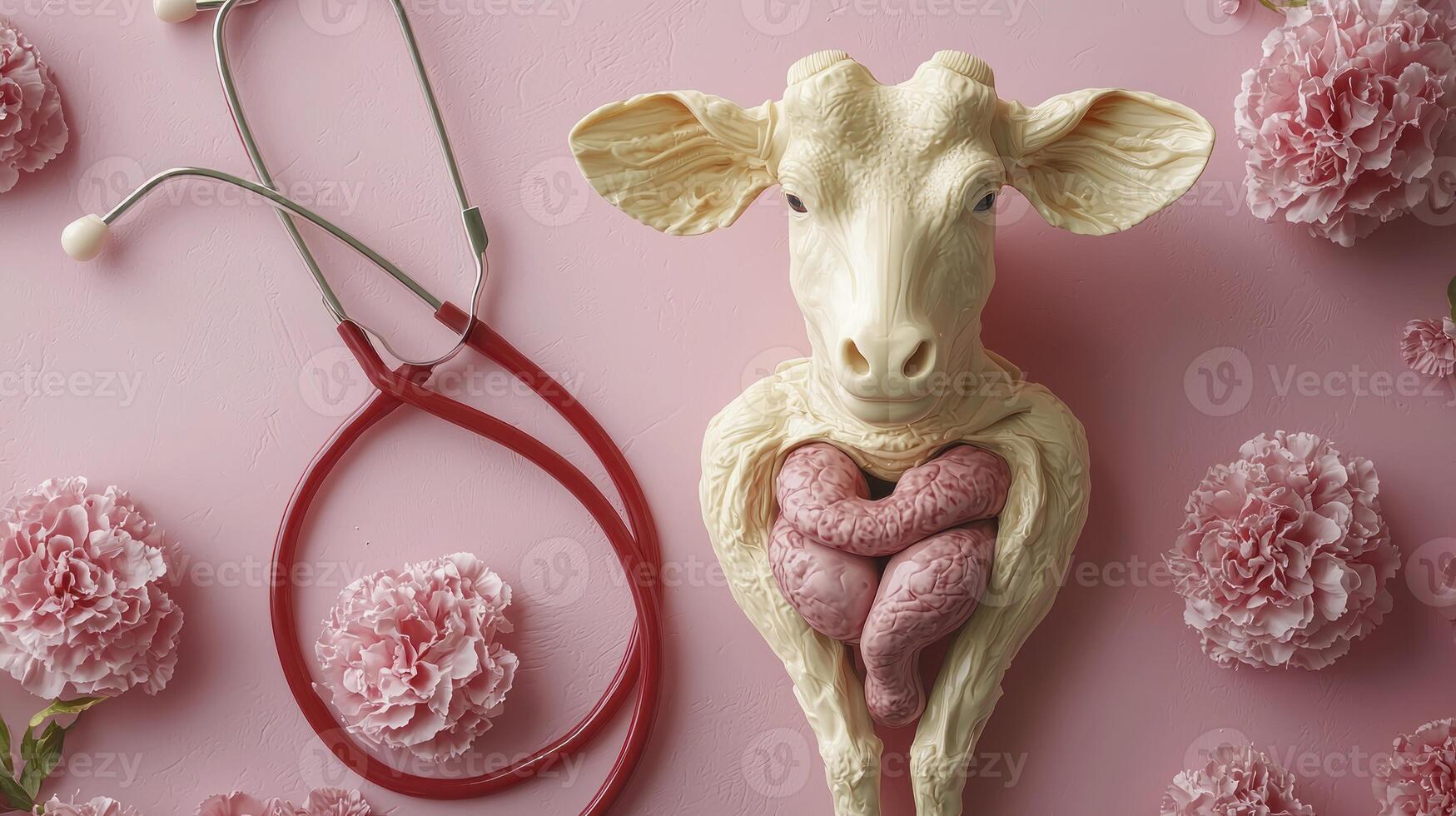 A cow with a stethoscope and flowers on a pink background photo
