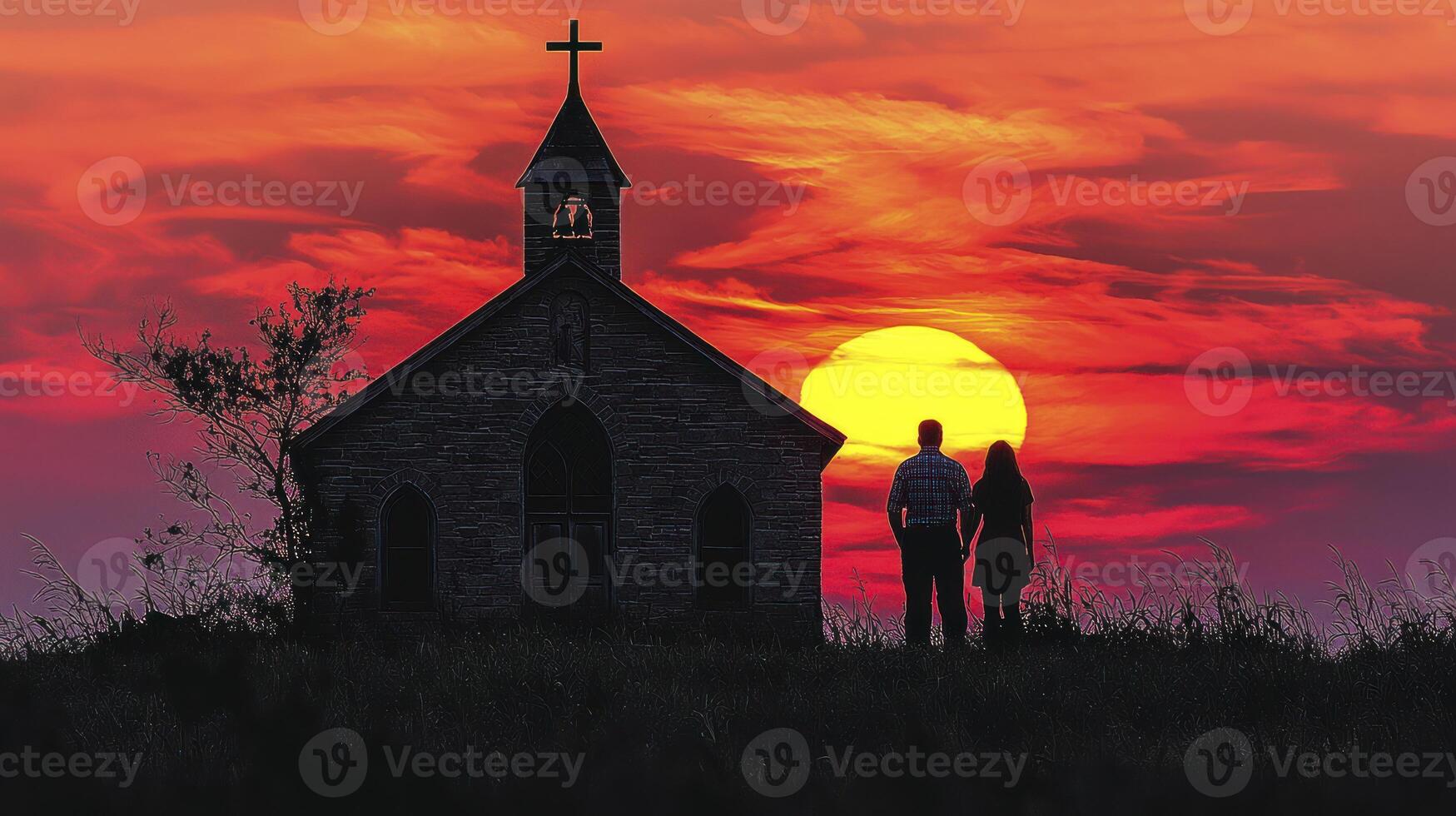 A couple stands in front of an old church at sunset photo