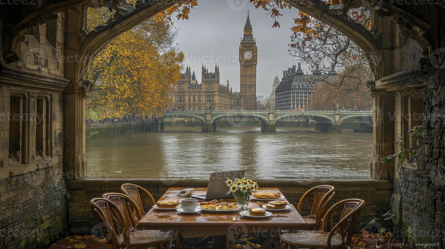 A table with chairs and a view of the river thames photo