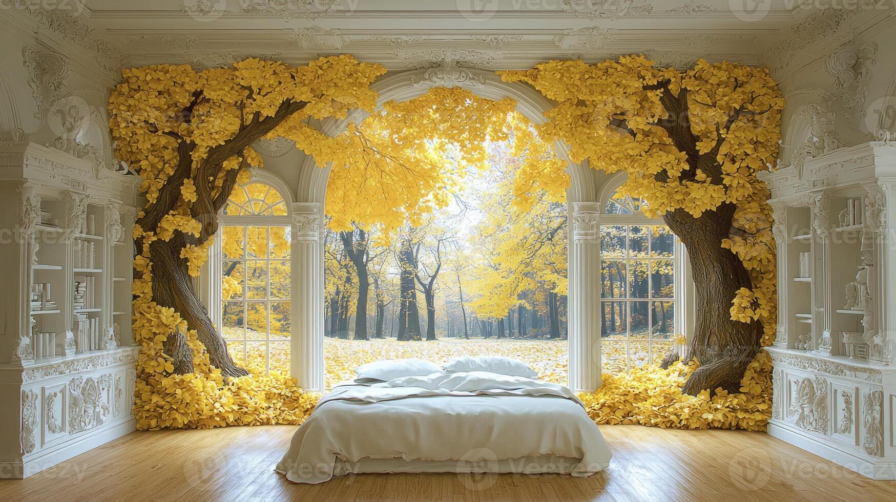 A bedroom with a bed and a tree in the middle photo