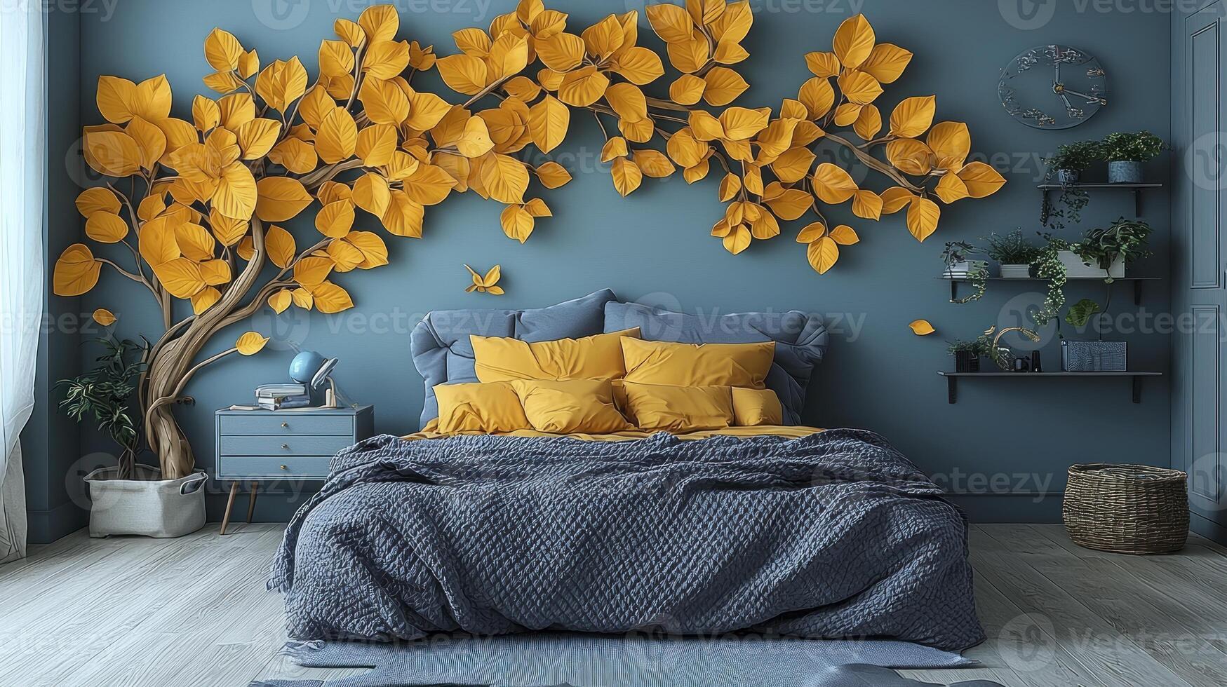 A bedroom with a blue wall and yellow tree photo