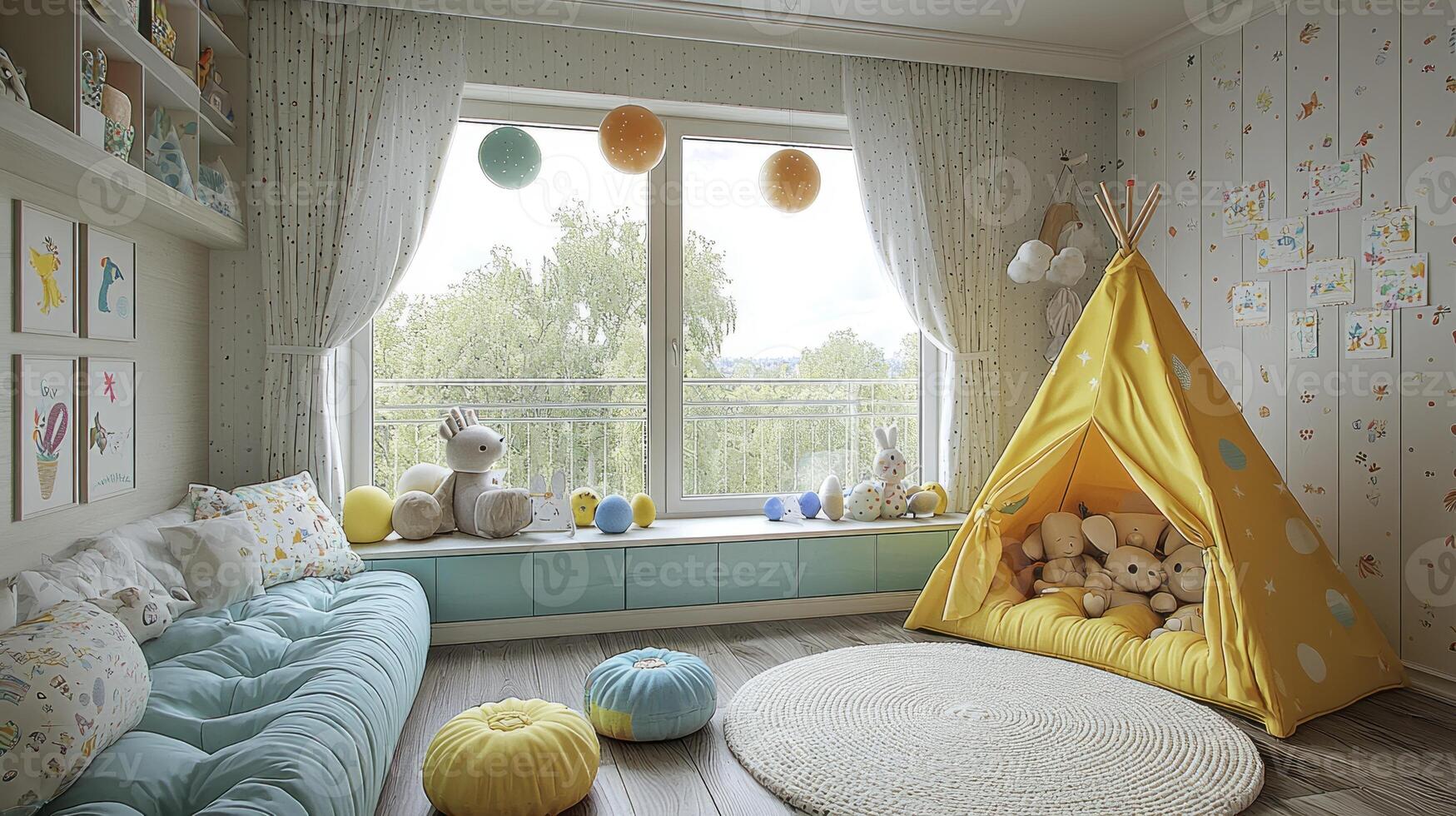 A child's room with a teepee, a bed, and a window photo
