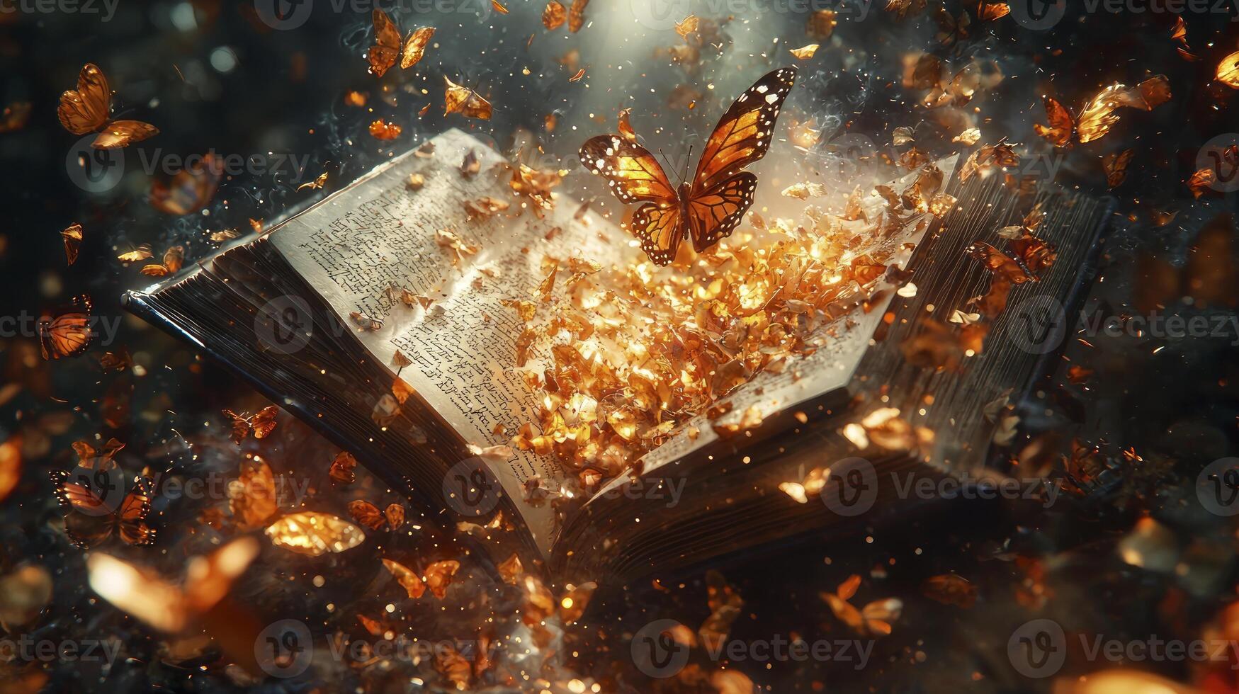 An open book with butterflies flying out of it photo