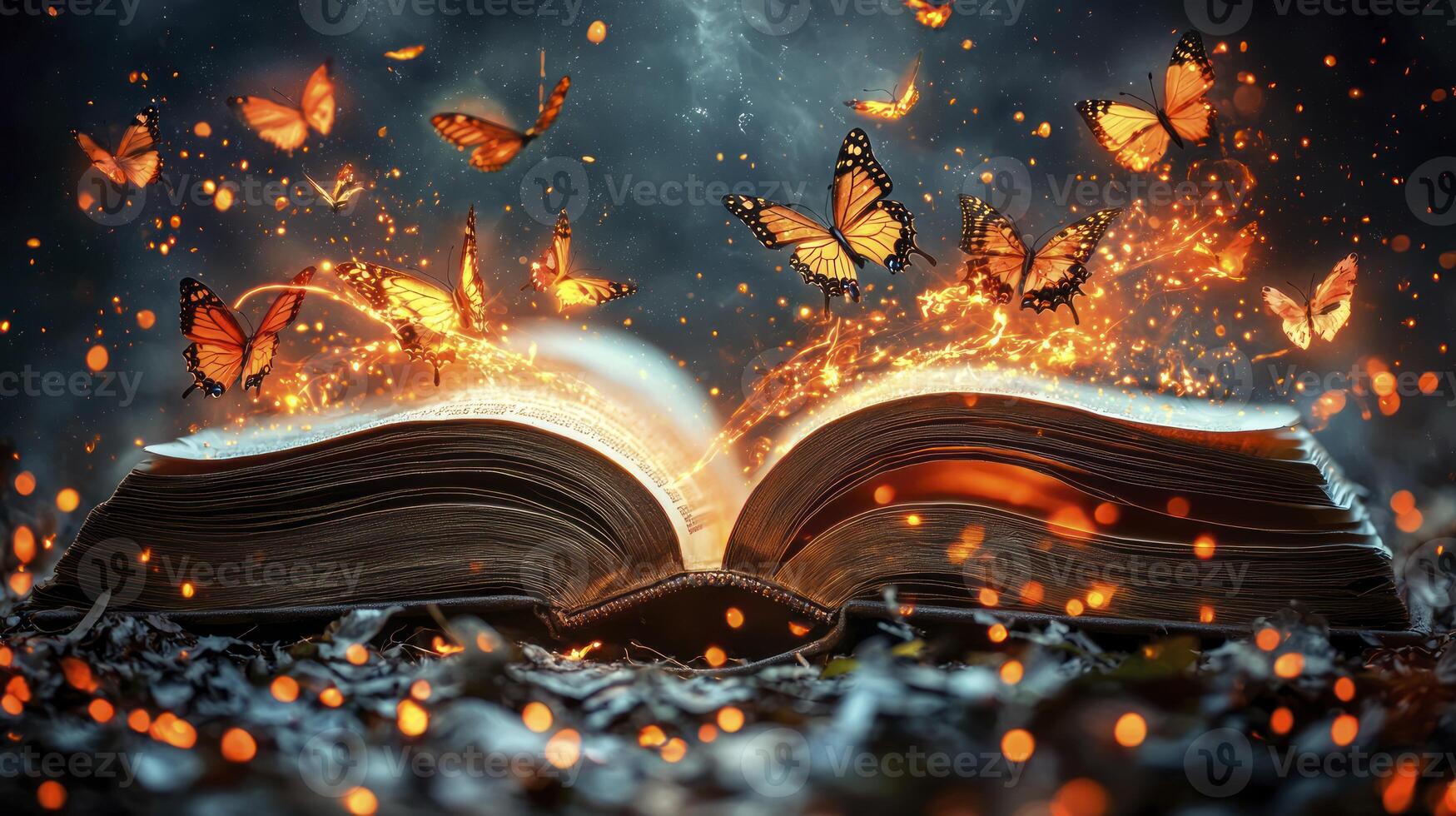 An open book with fire and butterflies flying out of it photo