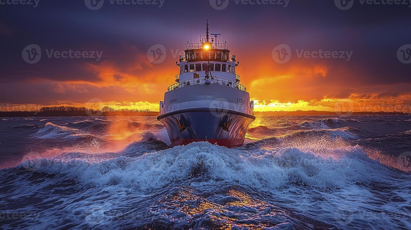 A tug boat in the ocean at sunset photo