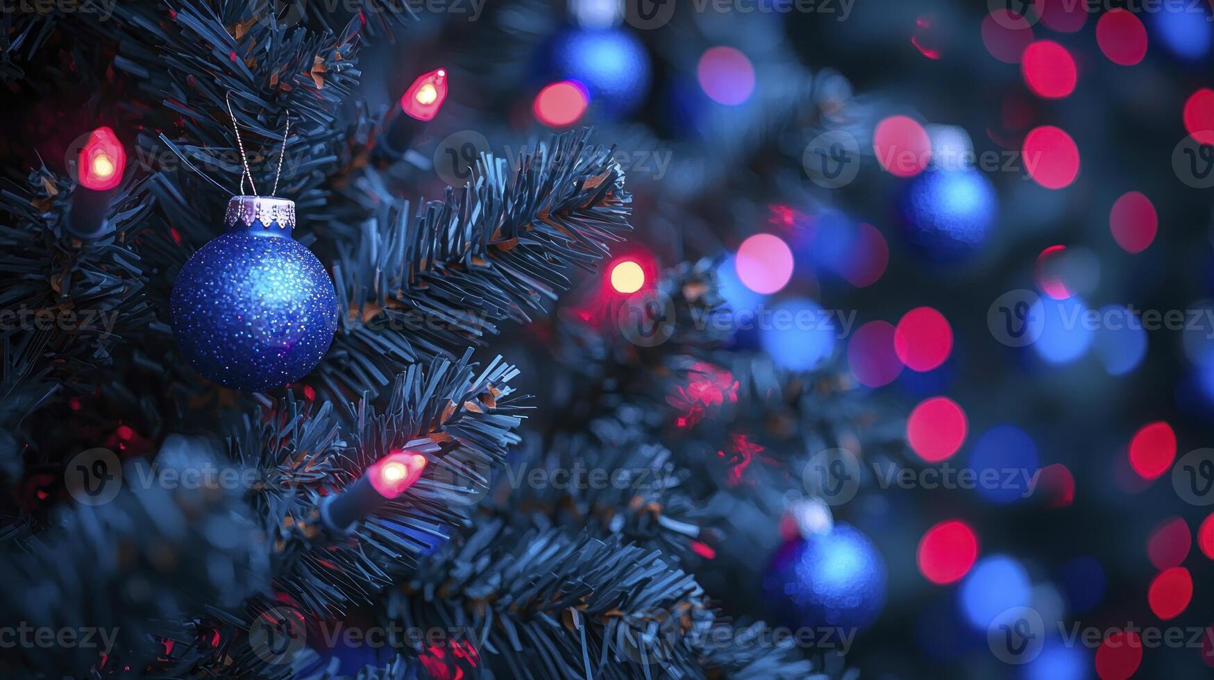 A blue christmas tree with red and blue balls photo