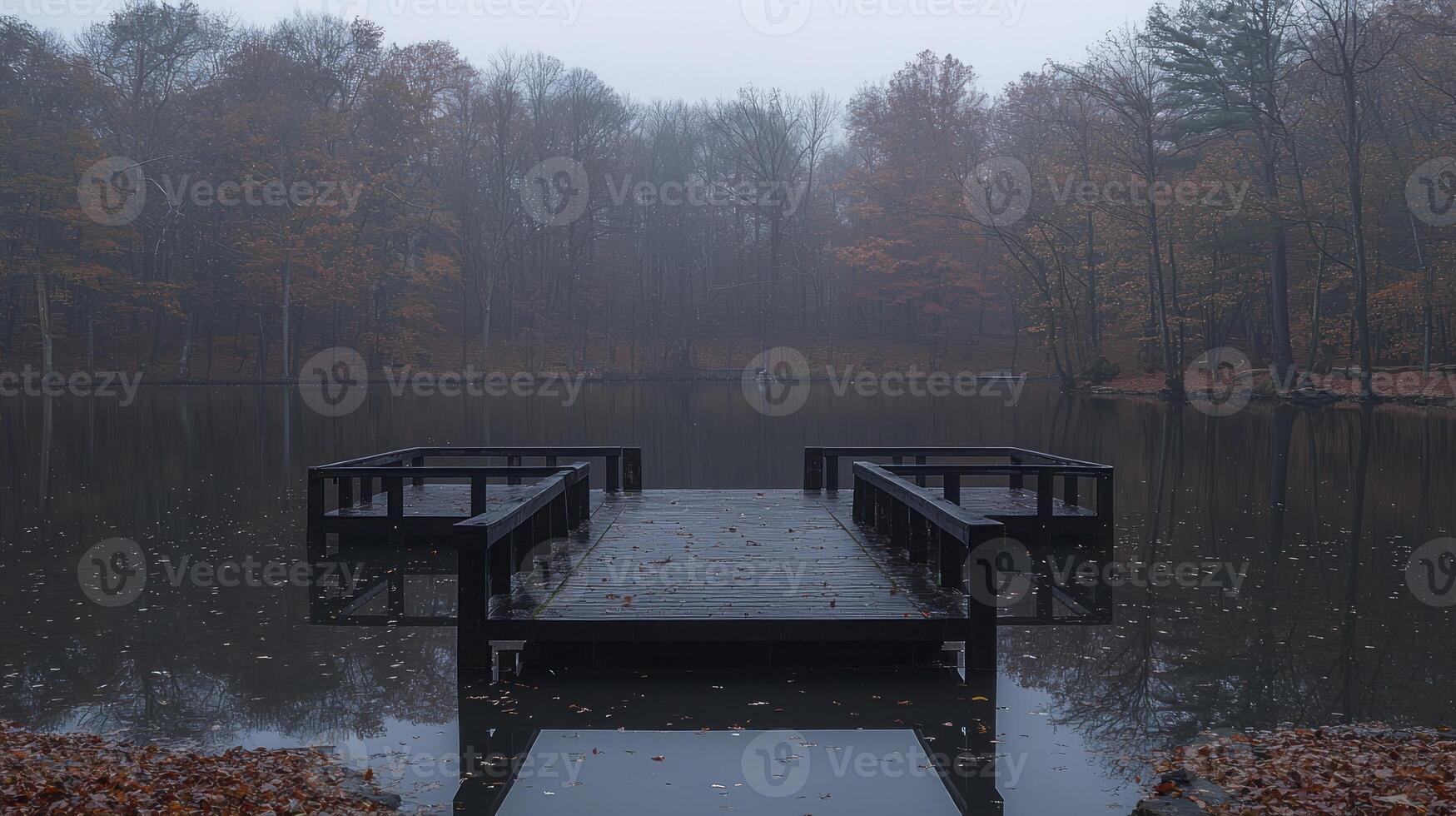 A dock in the middle of a lake surrounded by trees photo