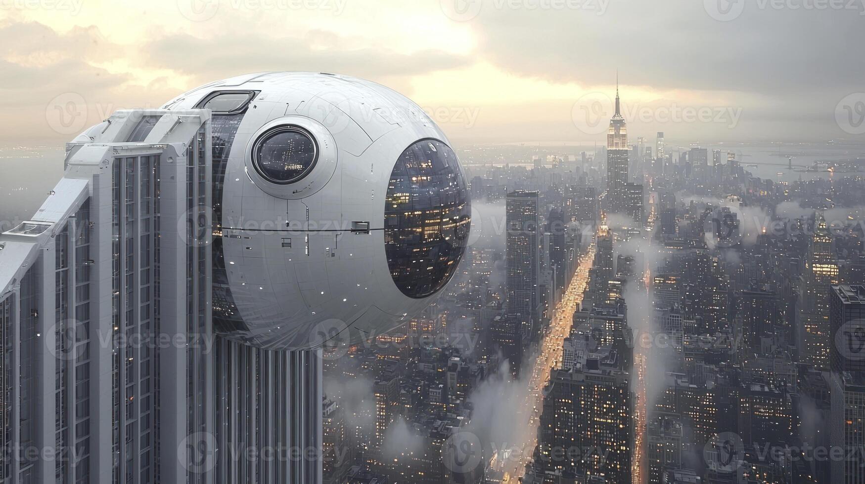 A futuristic looking building with a giant eye on top photo