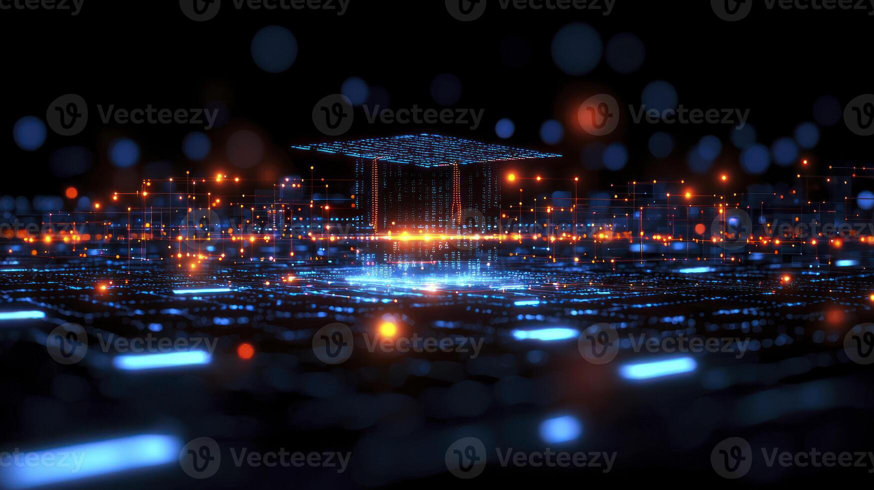 A futuristic city with glowing lights and a cube photo