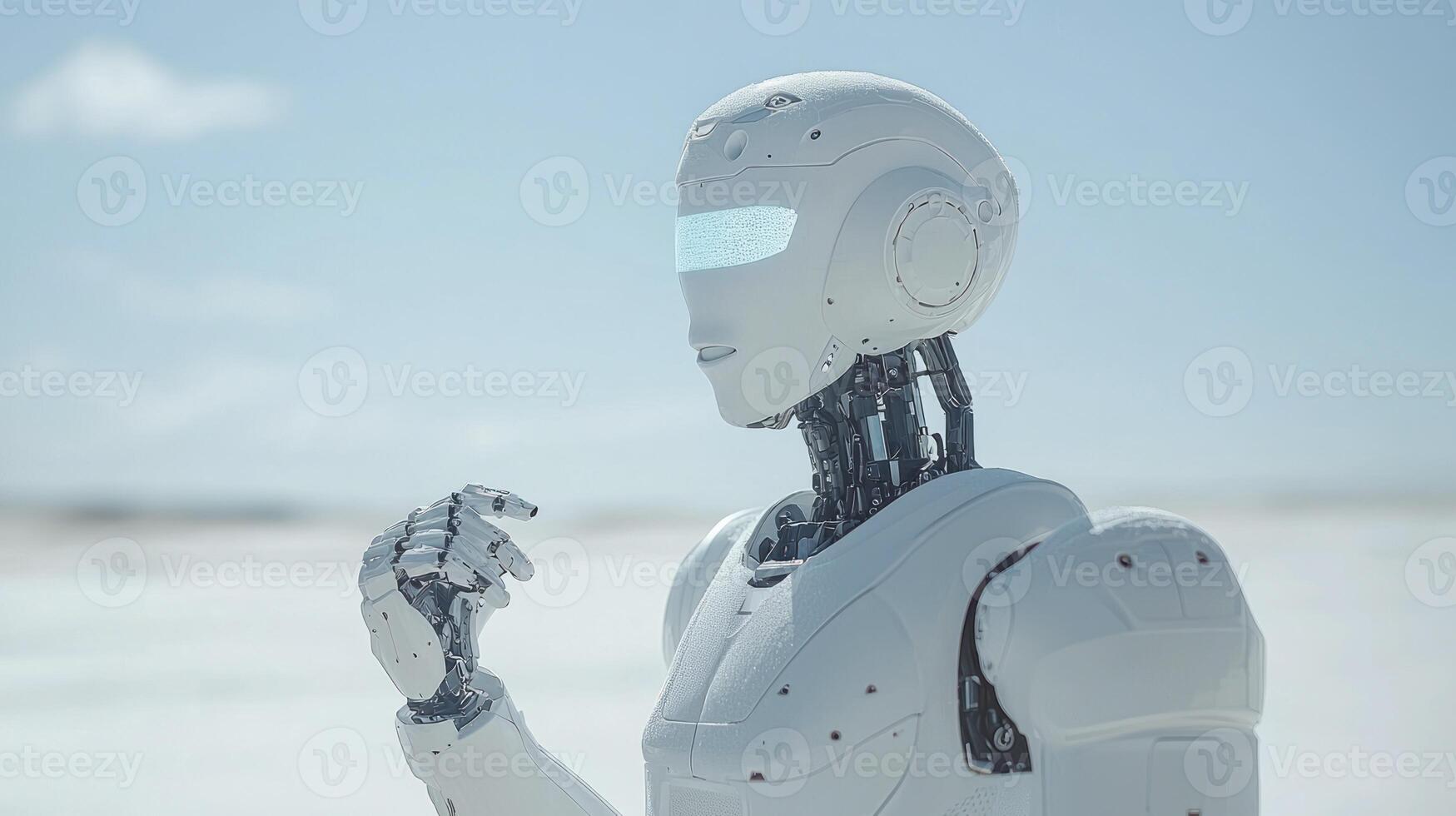 A robot standing in the snow with his hands up photo