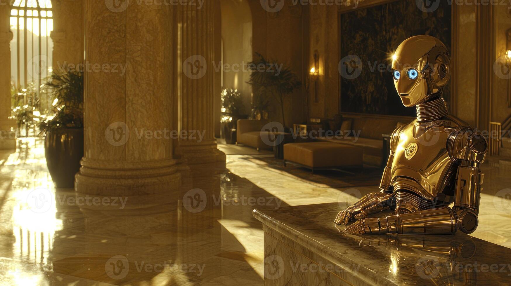 A gold robot sitting on a marble counter in a lobby photo