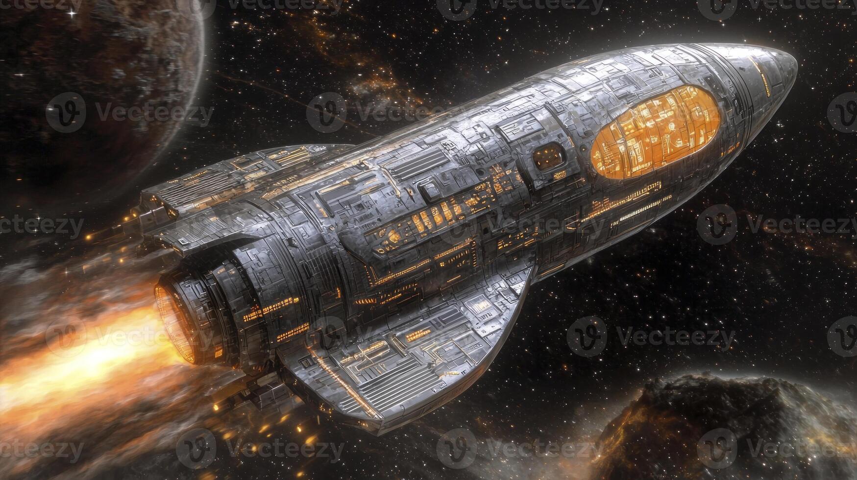 An artist's rendering of a spaceship flying through space photo