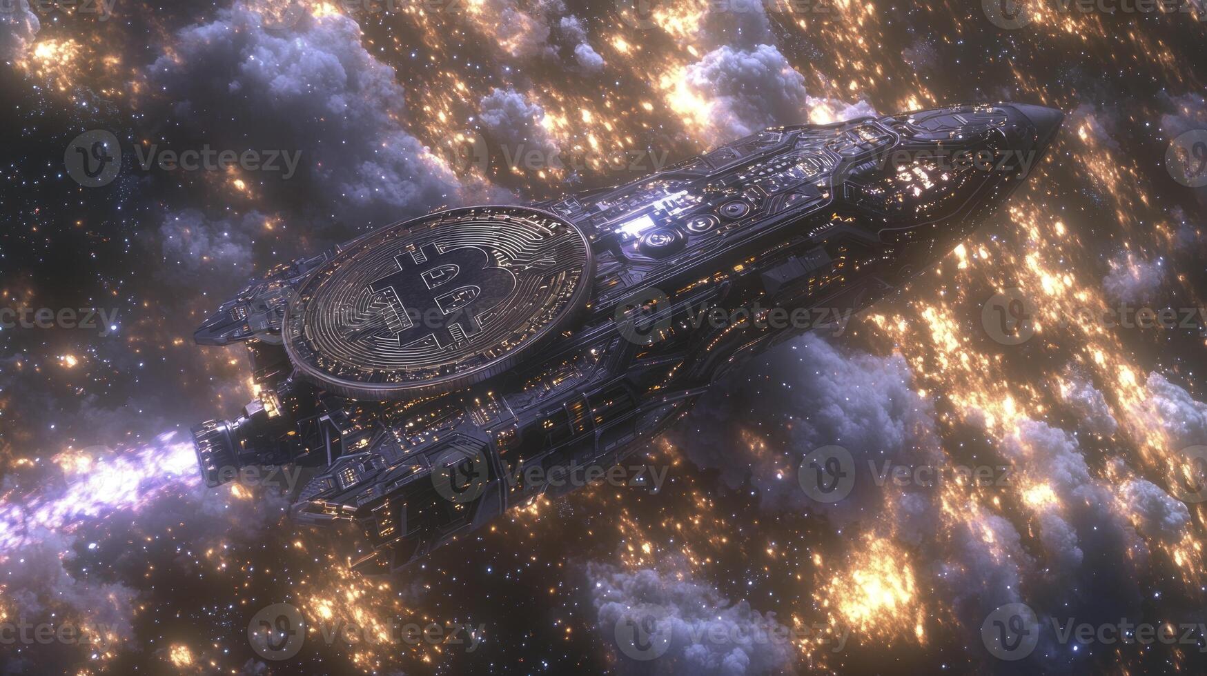 A spaceship with a bitcoin on it in space photo