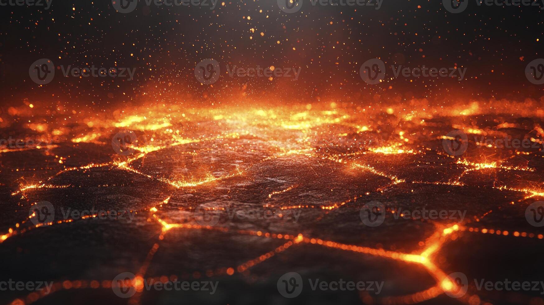 A lava field with glowing orange flames photo