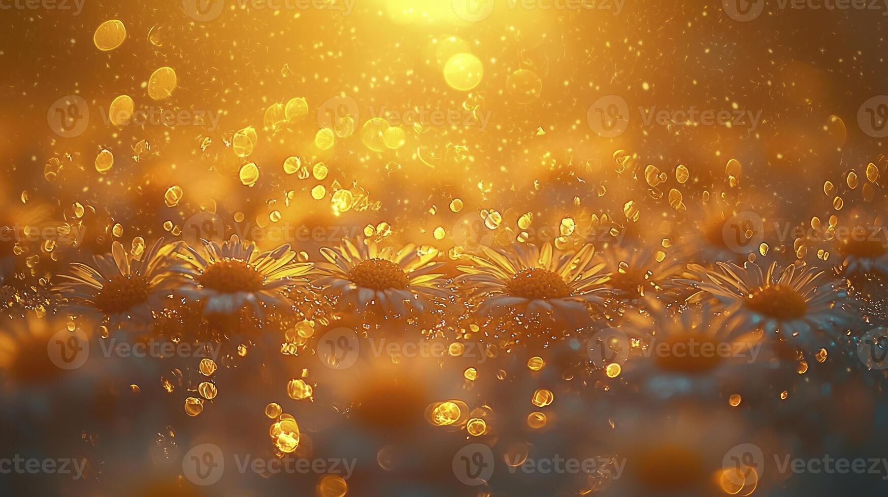 Daisies in the rain with a golden light photo
